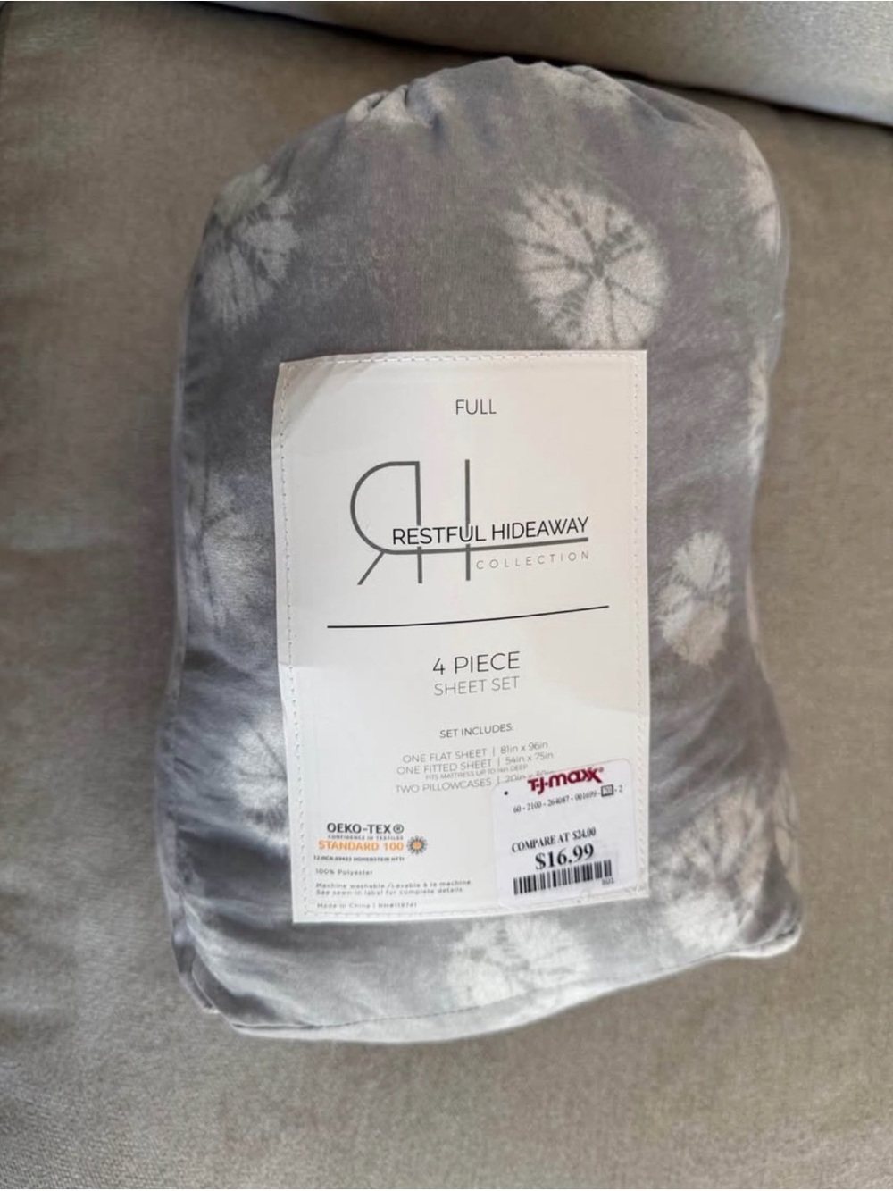 Full 4-Piece Sheet Set - Gray Tie-Dye